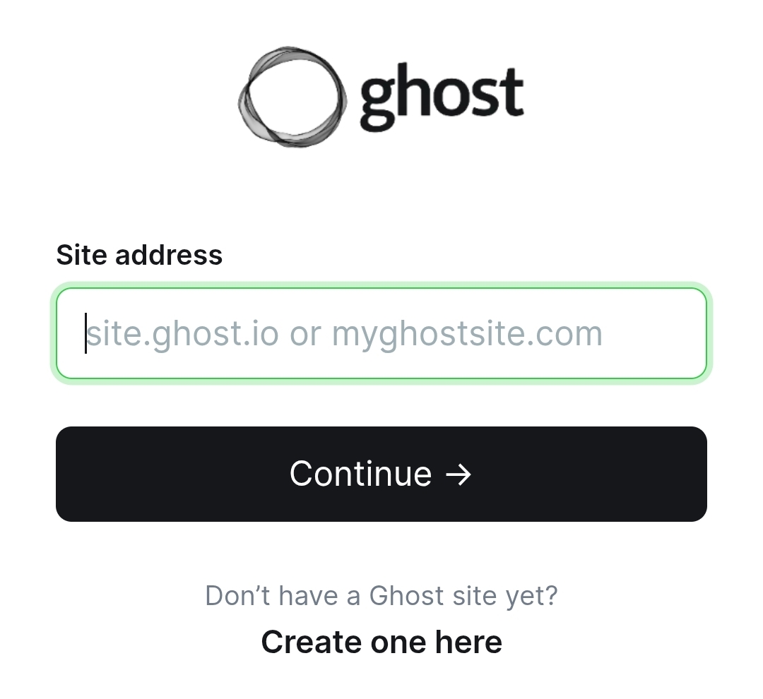 Ghost platformuna giriş yapmak için site adresi girilen ekran görüntüsü.