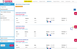 İSMEK online kayıt sisteminin kullanıcı arayüzü, programlar ve eğitim tarihleri listesi.